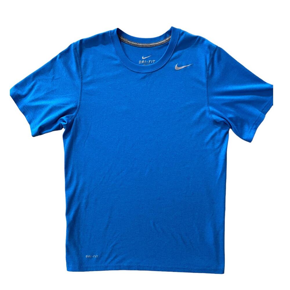 Nike Dry-Fit Athletic Workout Short Sleeve Blue T Shirt Swoosh On‎ Front Mens S